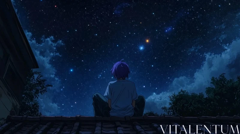 AI ART Anime Starry Sky Rooftop Gazing Scene