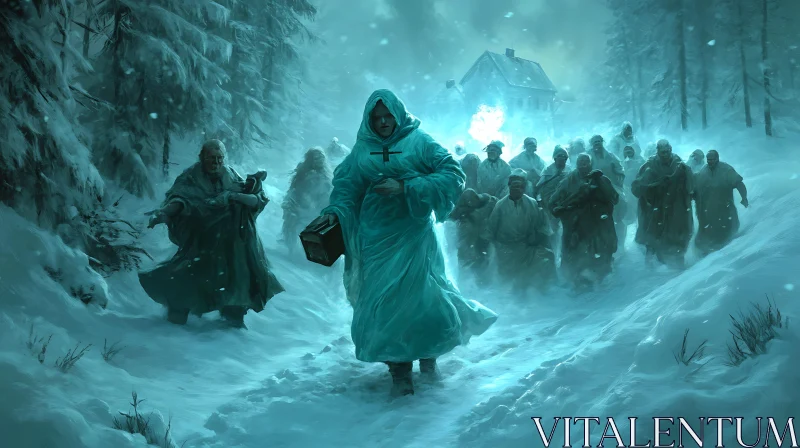 Snowy Monks Procession in Winter AI Image