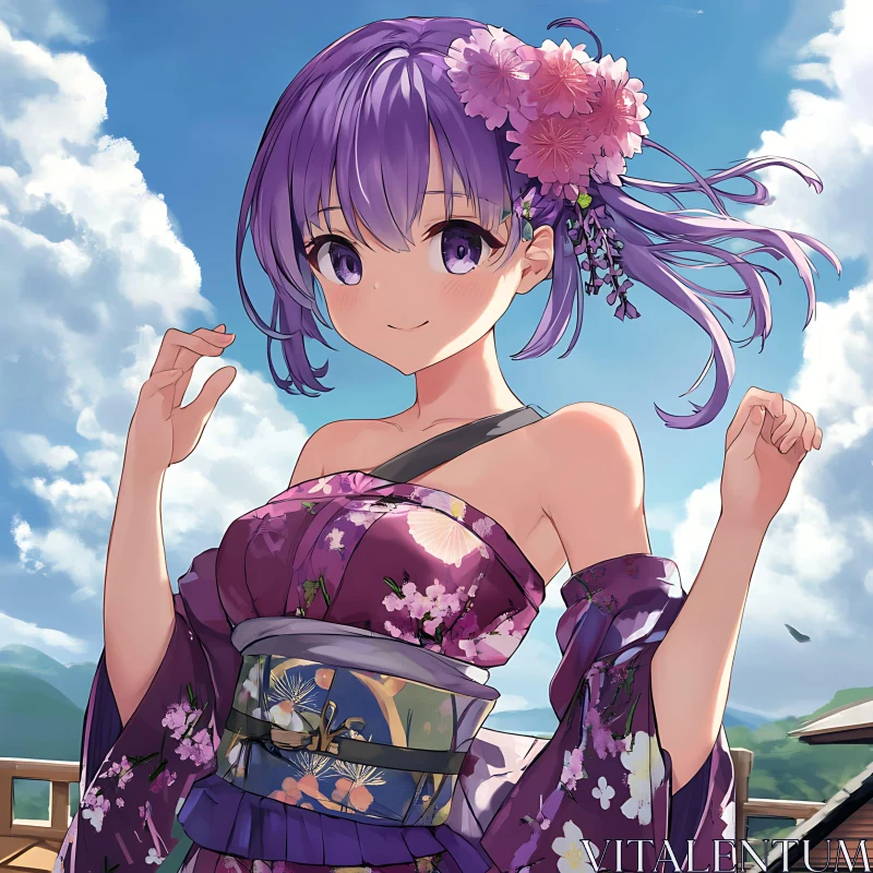 Anime Girl with Flower Accessory and Blue Sky AI Image