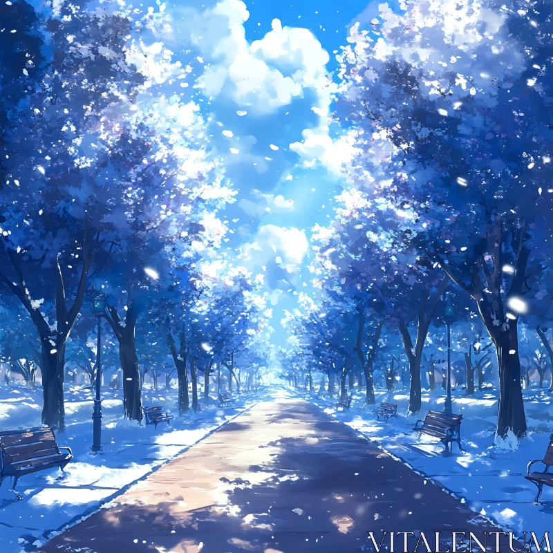 Tranquil Snowy Path with Benches AI Image