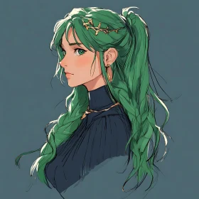 Anime Girl with Long Green Braids