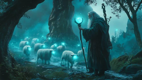 Glowing Sheep Guided by Forest Wizard