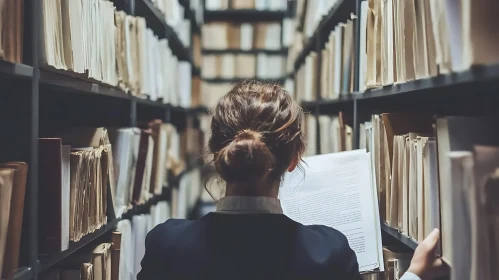 Reader Immersed in Library's Literary Collection