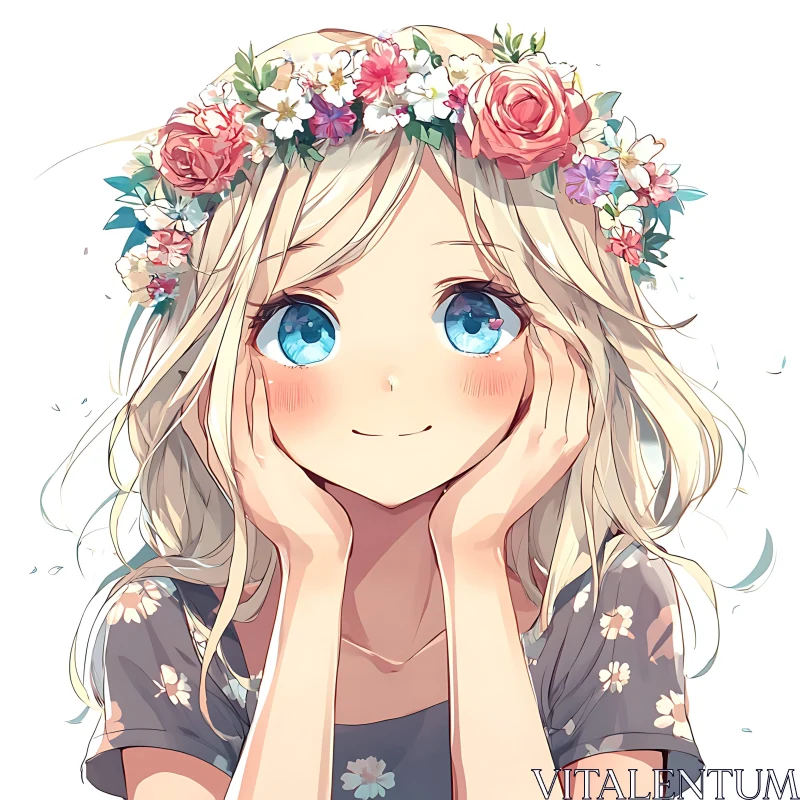 Floral Crowned Anime Girl with Blue Eyes AI Image