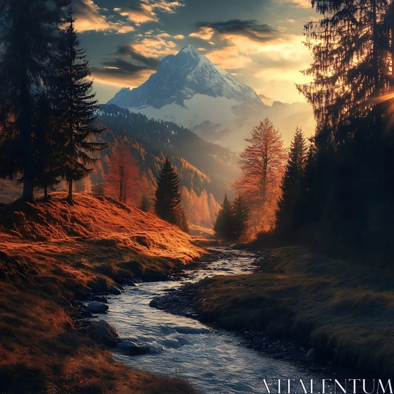 AI ART Scenic Mountain River Landscape at Sunset