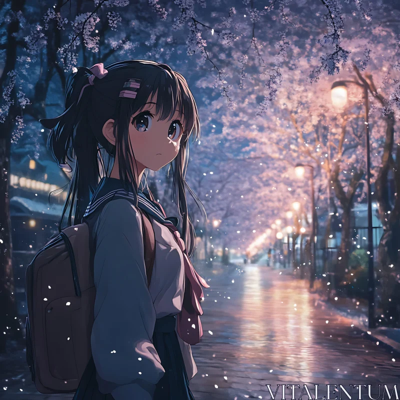 Anime Girl in Japanese Sakura Night Scene AI Image