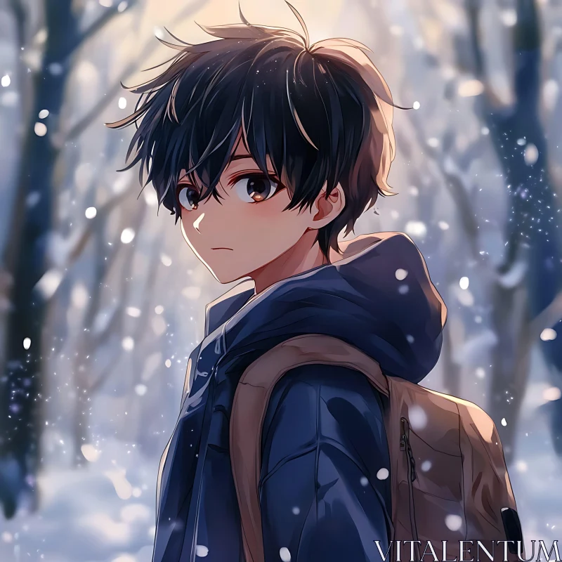 Snow-Covered Forest with Anime Character AI Image