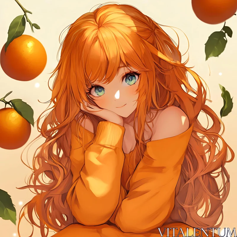 Anime Girl with Orange Hair Surrounded by Oranges AI Image