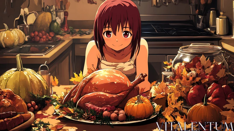 Cozy Anime Kitchen Thanksgiving Celebration AI Image