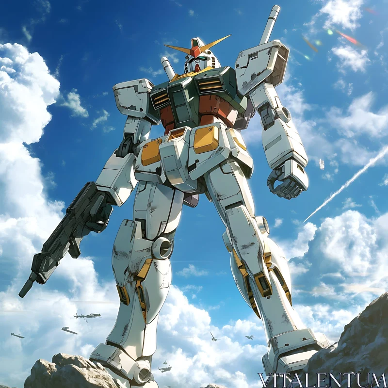 Imposing Mecha Warrior Against Serene Sky AI Image