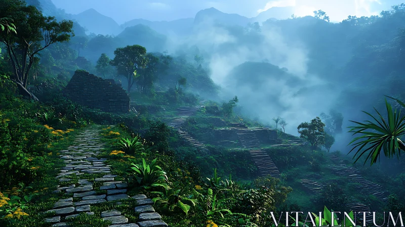 AI ART Lush Jungle Landscape with Stone Pathway