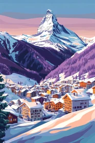 Snowy Mountain Village Scene