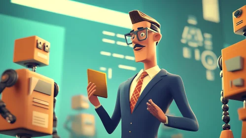 Man and Robots Cartoon Style