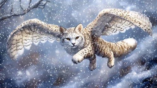 Snowy Flight of the Winged Cat