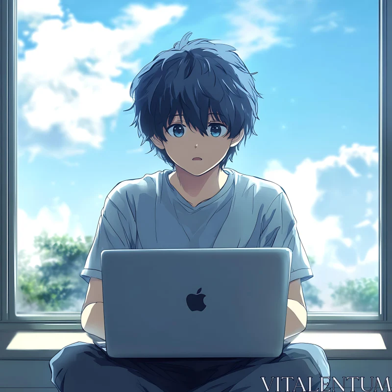 Anime Boy with Laptop by a Sunny Window AI Image