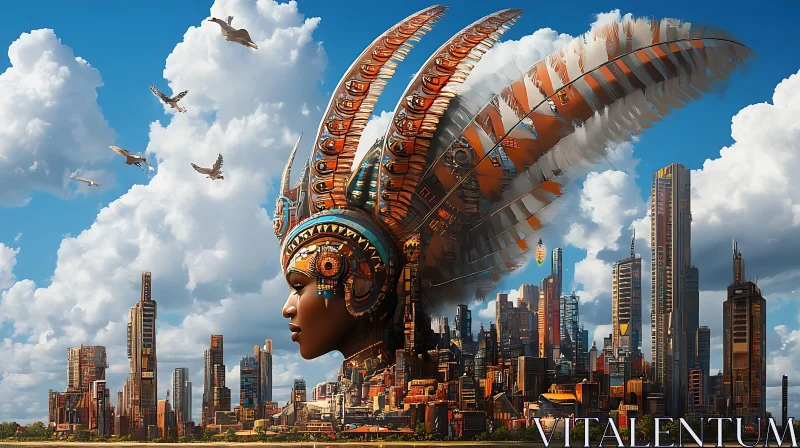 Woman with Headdress above City AI Image