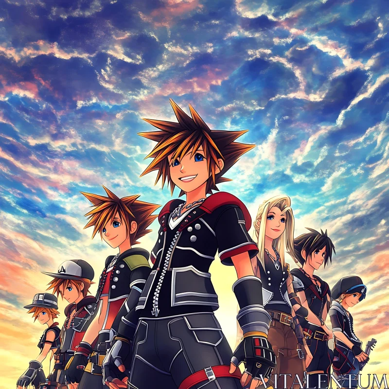 Group of Anime Heroes Under Dramatic Sky AI Image