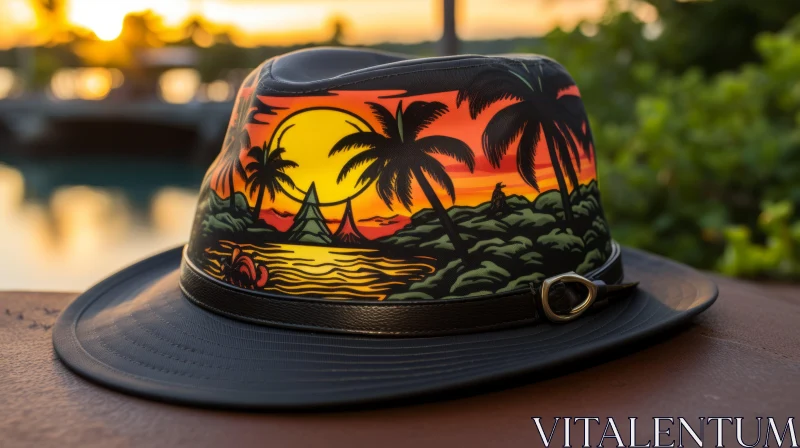 Black Hat with Tropical Sunrise and Trees in Precisionist Style AI Image