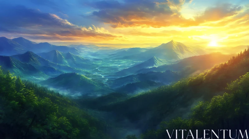 AI ART Sunlit Mountains and Forest View