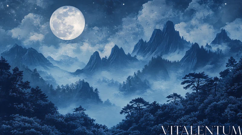 AI ART Tranquil Mountain Landscape Under Moonlight