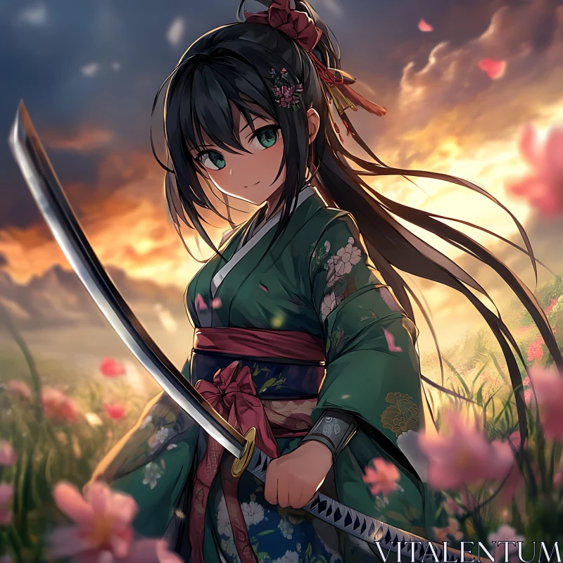 Anime Samurai Girl with Floral Kimono AI Image