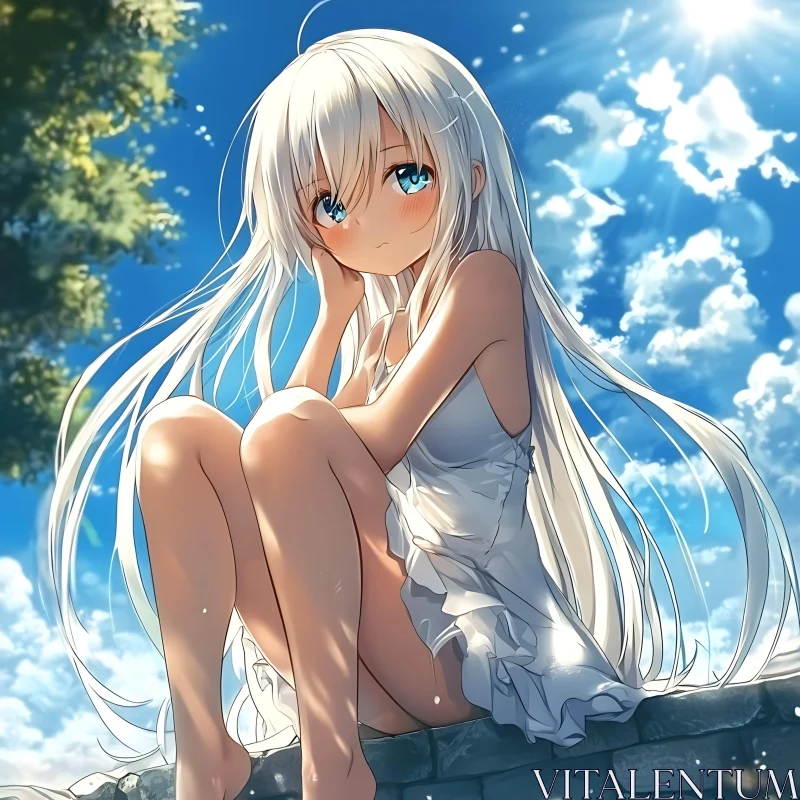 Sunny Day with Blue-Eyed Anime Girl AI Image