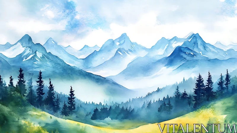 AI ART Watercolor Mountain Vista