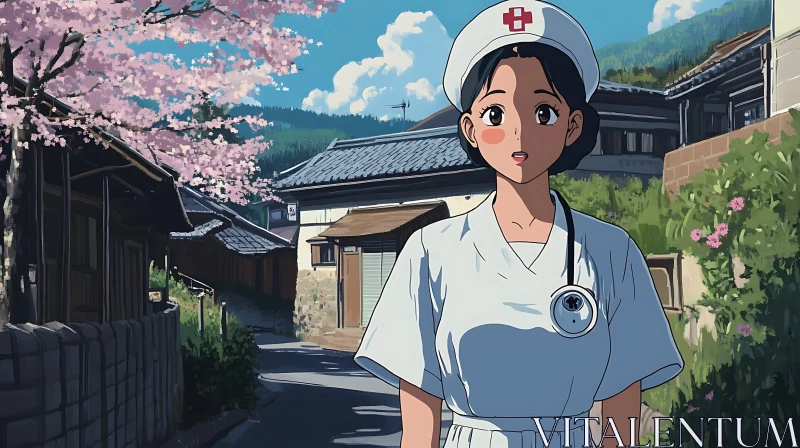 Peaceful Anime Village with Cherry Blossoms and Nurse AI Image