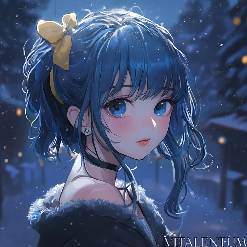 AI ART Blue-Haired Anime Girl in Snowy Night