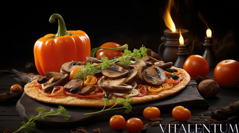 Exquisite Mushroom Pizza on Wooden Tray | Enchanting Ambiance AI Image