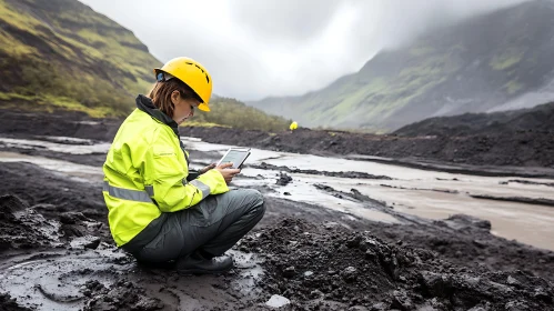 Woman Inspecting Landscape with Tablet