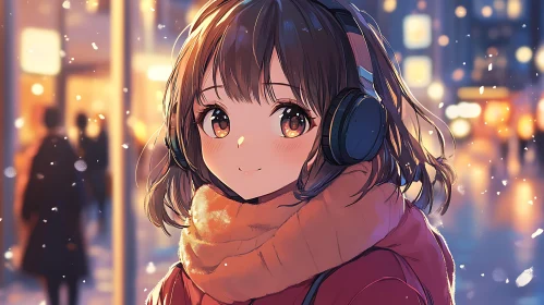 Winter Anime Girl with Scarf and Headphones