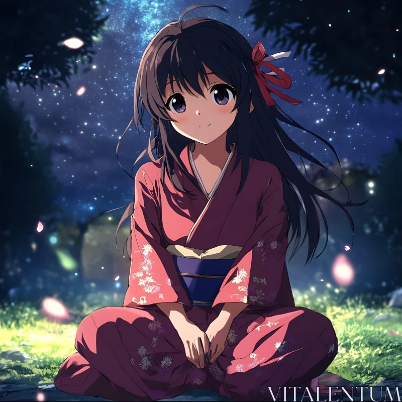 Night Scene with Girl in Traditional Kimono AI Image