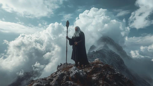 Mystical Wizard in Mountain Landscape