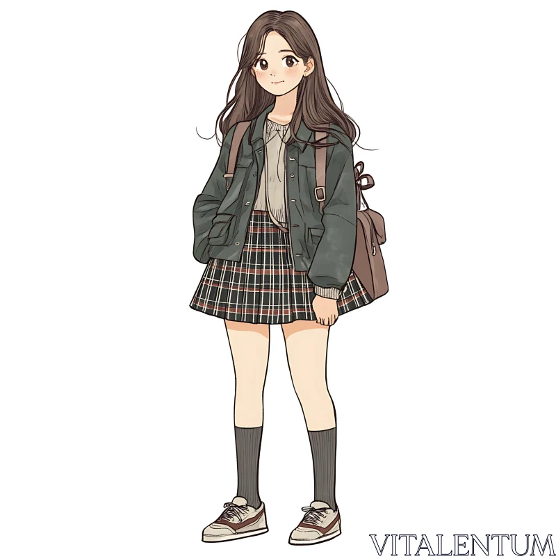 Anime Girl with Plaid Skirt and Backpack AI Image