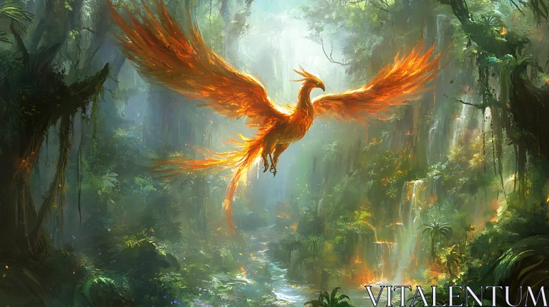 Fiery Bird in Jungle Landscape AI Image