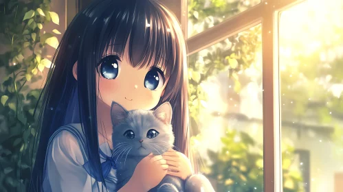 Cute Anime Girl Holding Cat with Sunlit Background