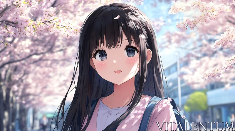 Springtime Anime Portrait with Cherry Blossoms AI Image