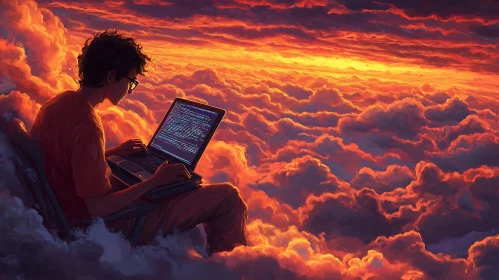 Man Coding on Laptop in Cloudscape