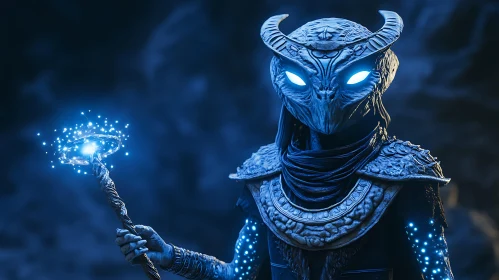 Mystical Figure Holding Glowing Staff