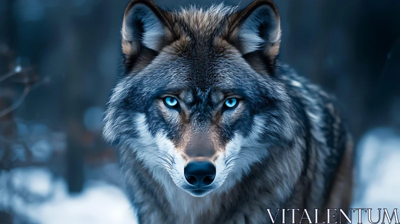 AI ART Winter Wolf Portrait with Blue Eyes