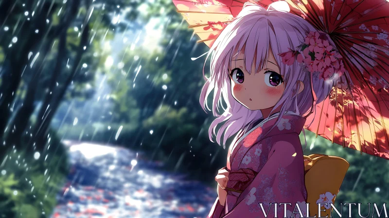 Anime Scene in Rain with Kimono-Clad Girl AI Image