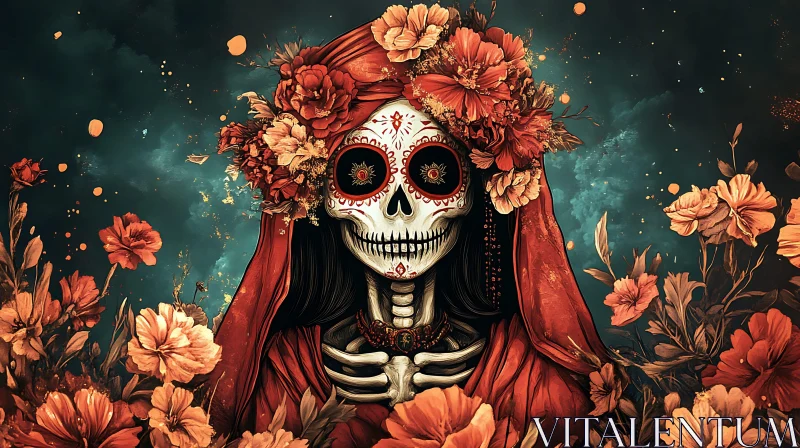 Festive Skeleton with Flowers AI Image