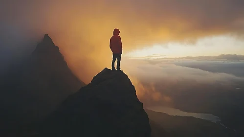 Silhouette on Mountain Top at Sunset