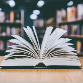 Book with fanned pages on a wooden table