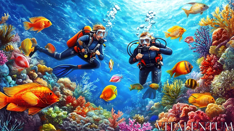 AI ART Vibrant Coral Reef Scene with Scuba Divers