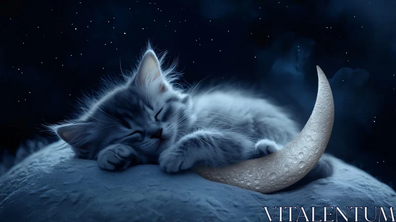 AI ART Peaceful Gray Kitten on Moon with Stars