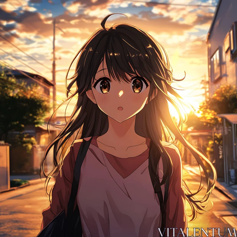 Sunset, Anime Girl on Street AI Image