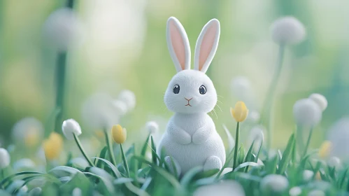 White Rabbit Among Spring Flowers