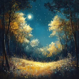 Moonlit Forest Scene with Golden Trees